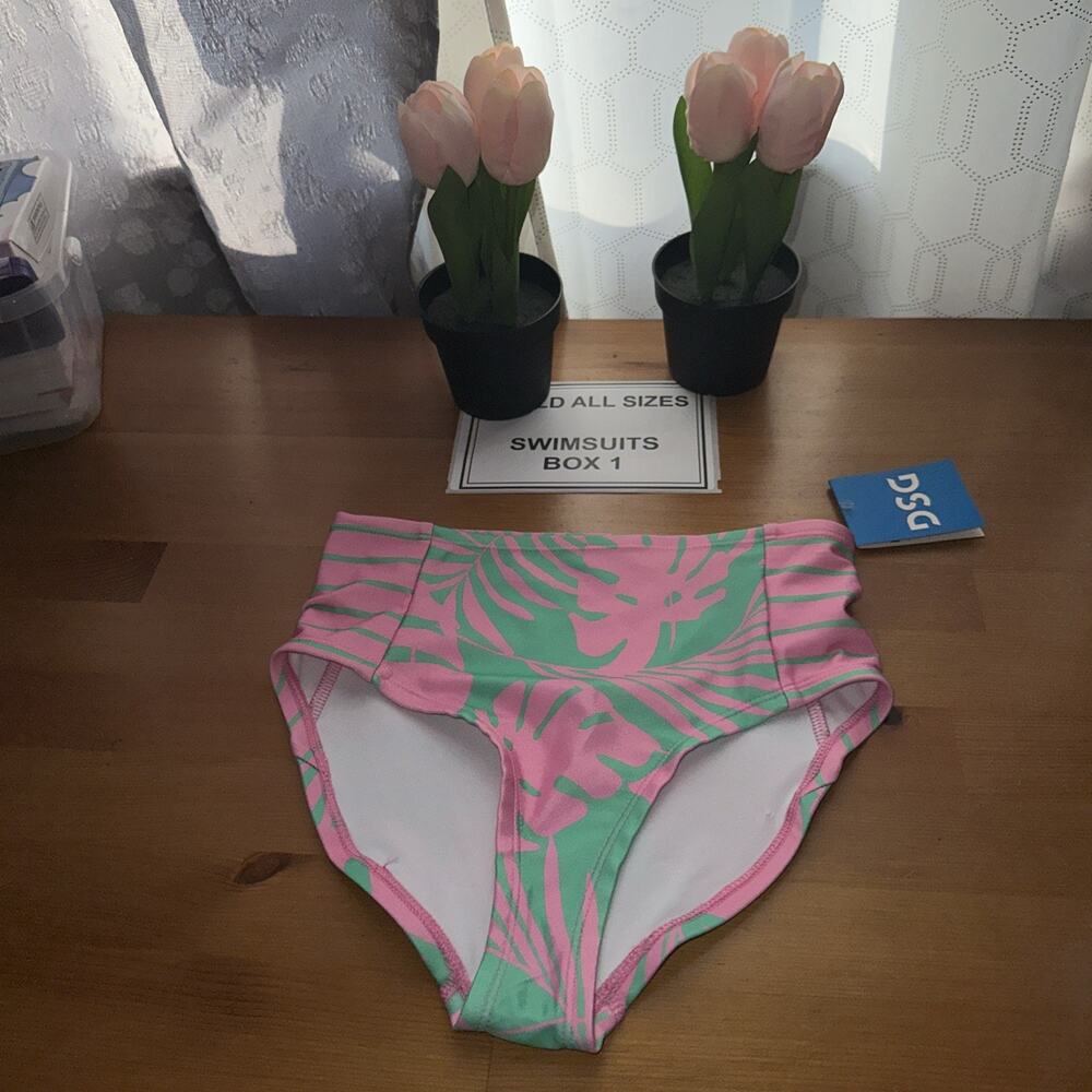 DSG Girls' High Waisted Bikini Swim Bottoms Panama Palms Pattern Medium